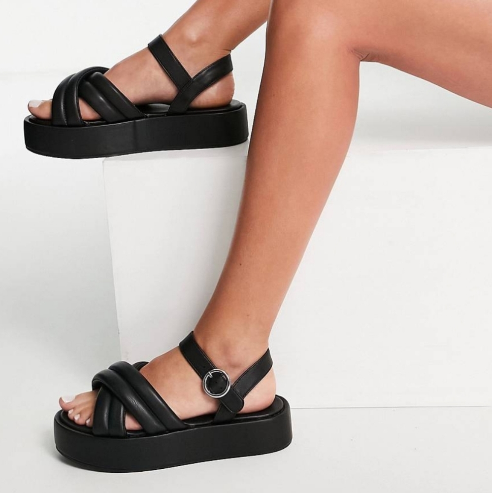Asos black platform flatform pillow 70s disco retro buckle wedge strappy sandals